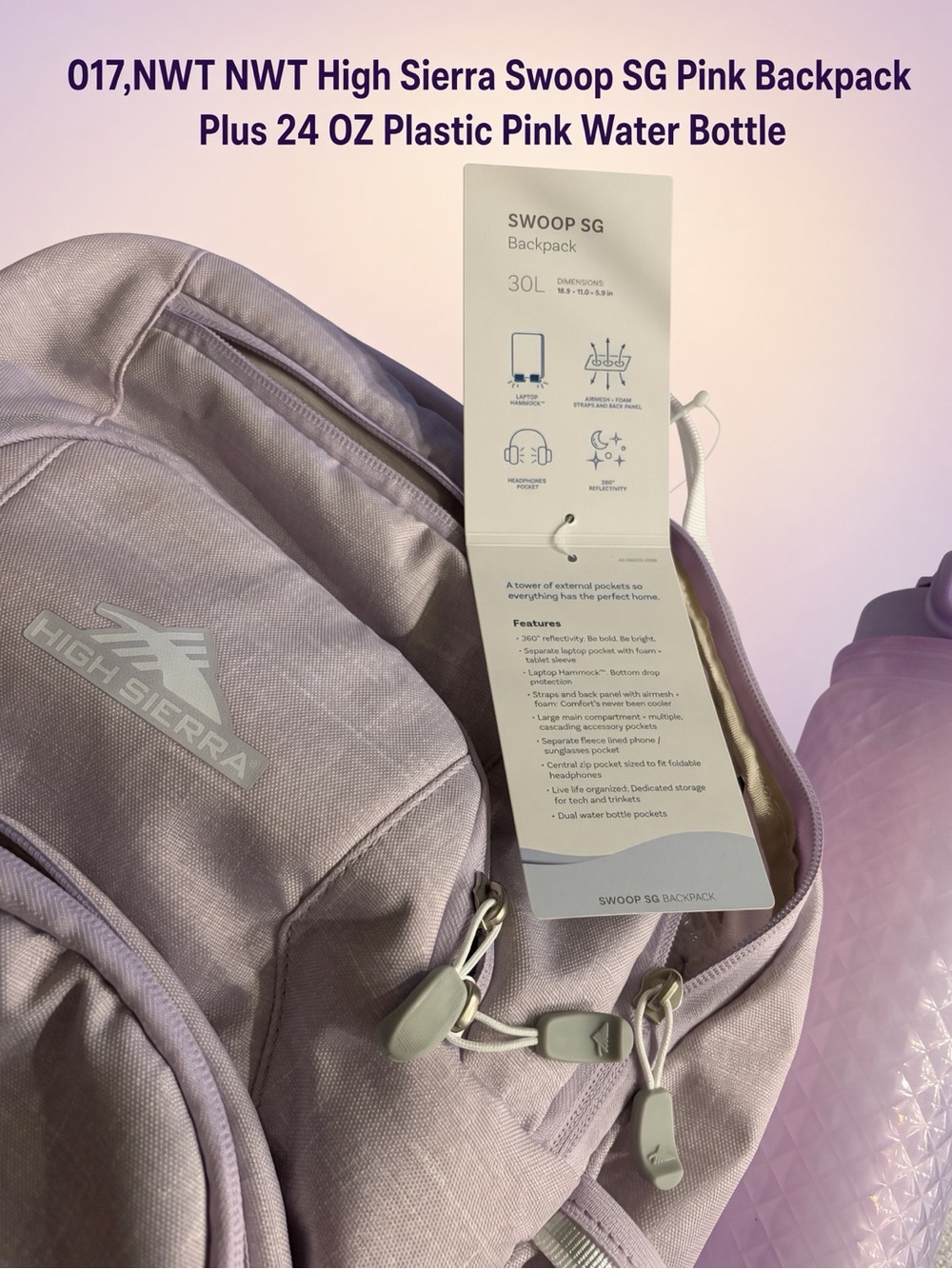 017, High Sierra Pink Backpack -Swoop SG, 30L Plus 24 oz Plastic Pink Bottle